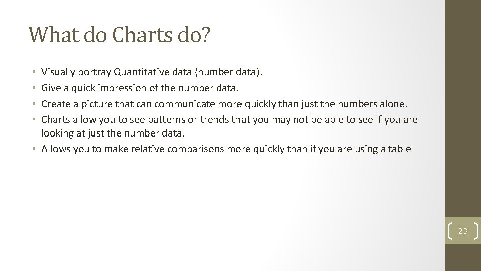 What do Charts do? Visually portray Quantitative data (number data). Give a quick impression