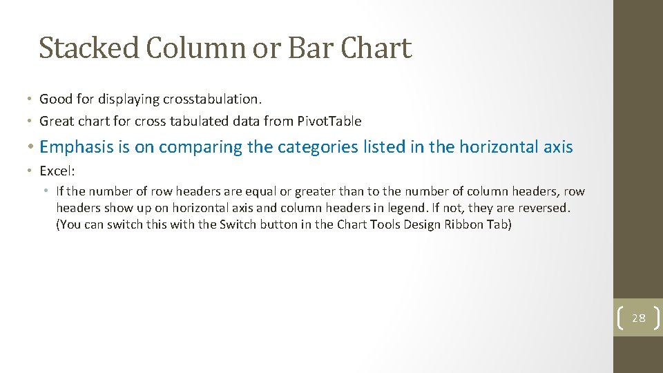 Stacked Column or Bar Chart • Good for displaying crosstabulation. • Great chart for