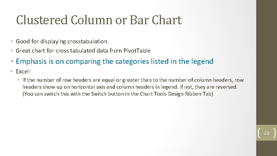 Clustered Column or Bar Chart • Good for displaying crosstabulation. • Great chart for