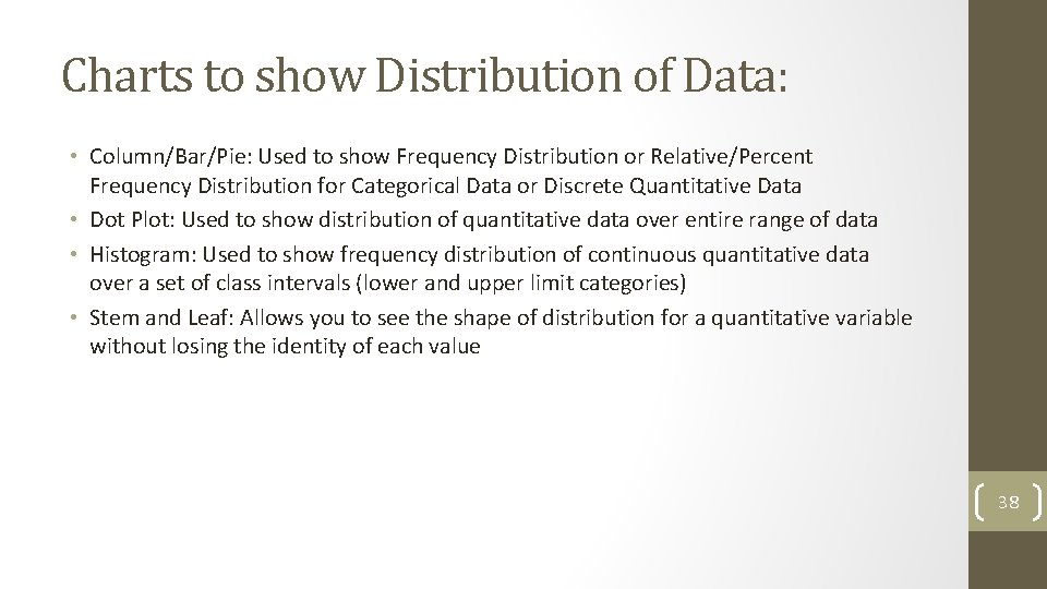 Charts to show Distribution of Data: • Column/Bar/Pie: Used to show Frequency Distribution or