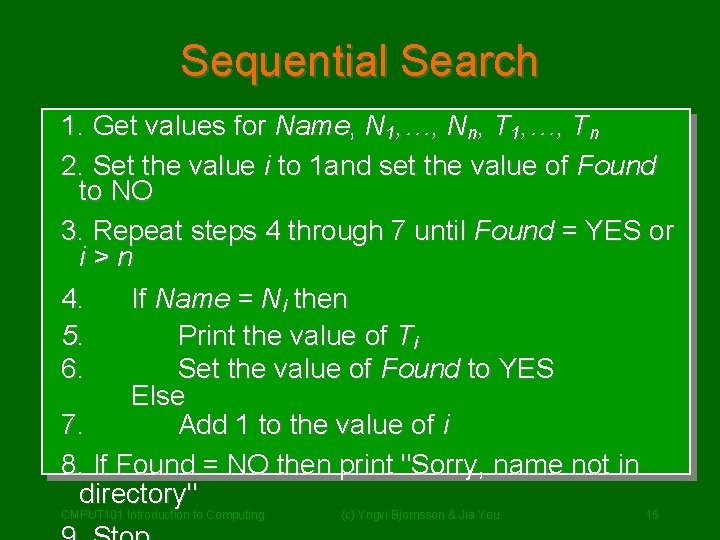Sequential Search 1. Get values for Name, N 1, …, Nn, T 1, …, Sequential Search 1. Get values for Name, N 1, …, Nn, T 1, …,
