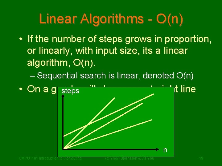 Linear Algorithms - O(n) • If the number of steps grows in proportion, or Linear Algorithms - O(n) • If the number of steps grows in proportion, or