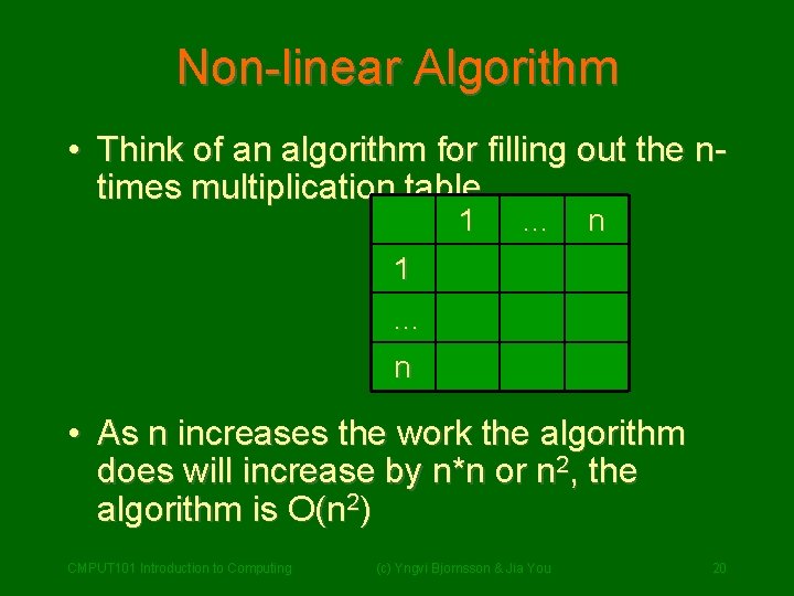 Non-linear Algorithm • Think of an algorithm for filling out the ntimes multiplication table. Non-linear Algorithm • Think of an algorithm for filling out the ntimes multiplication table.