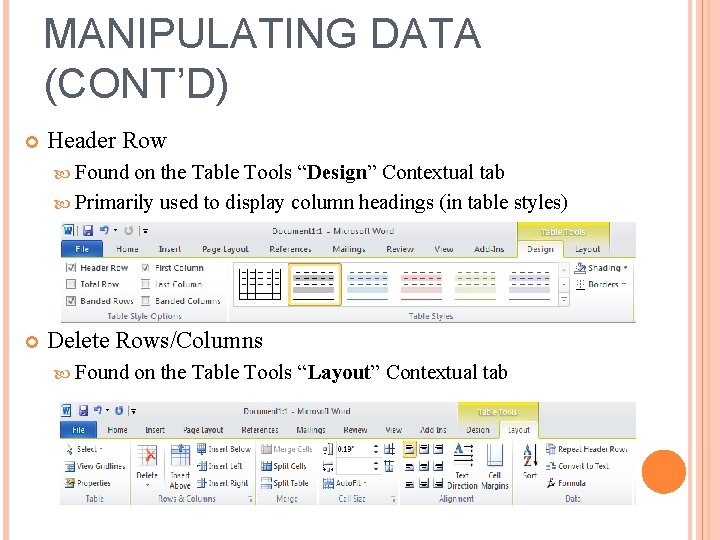 MANIPULATING DATA (CONT’D) Header Row Found on the Table Tools “Design” Contextual tab Primarily
