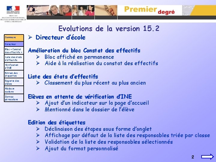 Evolutions de la version 15. 2 Sommaire Ø Directeur d’école Directeur Bloc « Constat