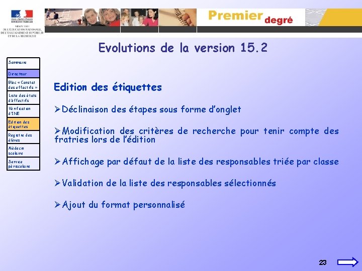 Evolutions de la version 15. 2 Sommaire Directeur Bloc « Constat des effectifs »