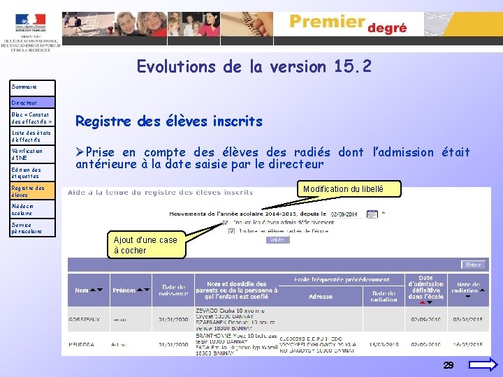 Evolutions de la version 15. 2 Sommaire Directeur Bloc « Constat des effectifs »