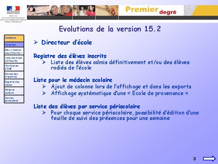Evolutions de la version 15. 2 Sommaire Directeur Bloc « Constat des effectifs »