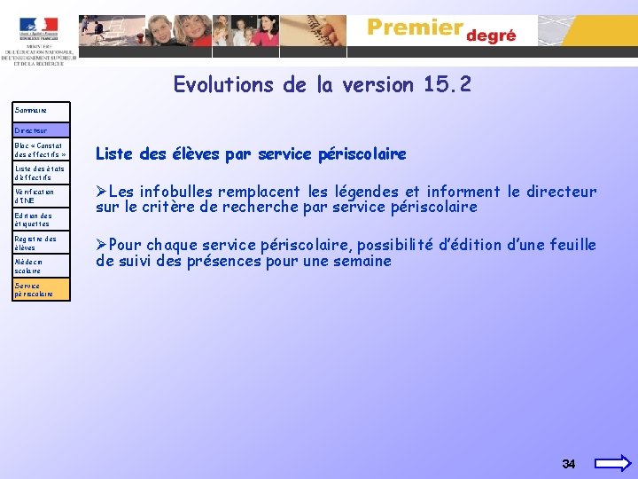 Evolutions de la version 15. 2 Sommaire Directeur Bloc « Constat des effectifs »