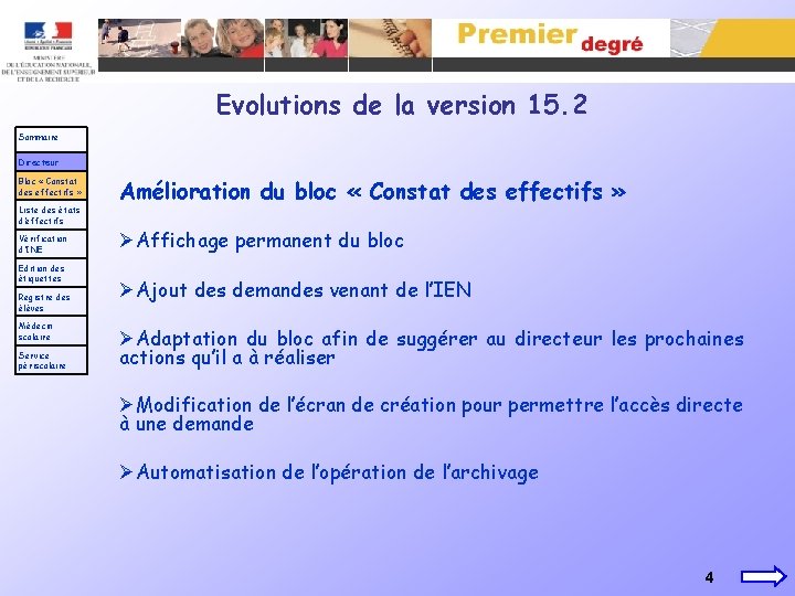 Evolutions de la version 15. 2 Sommaire Directeur Bloc « Constat des effectifs »