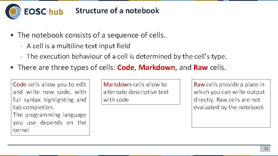 Structure of a notebook • The notebook consists of a sequence of cells. -