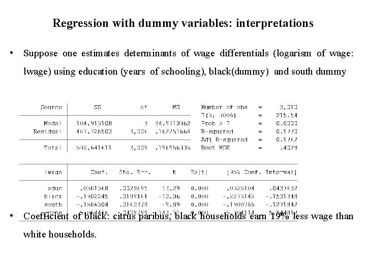 Regression with dummy variables: interpretations • Suppose one estimates determinants of wage differentials (logarism