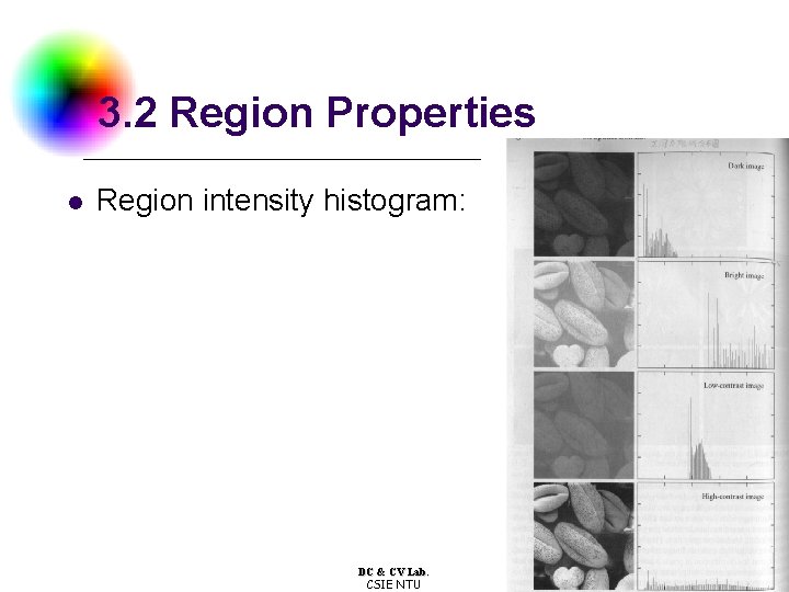 3. 2 Region Properties l Region intensity histogram: DC & CV Lab. CSIE NTU