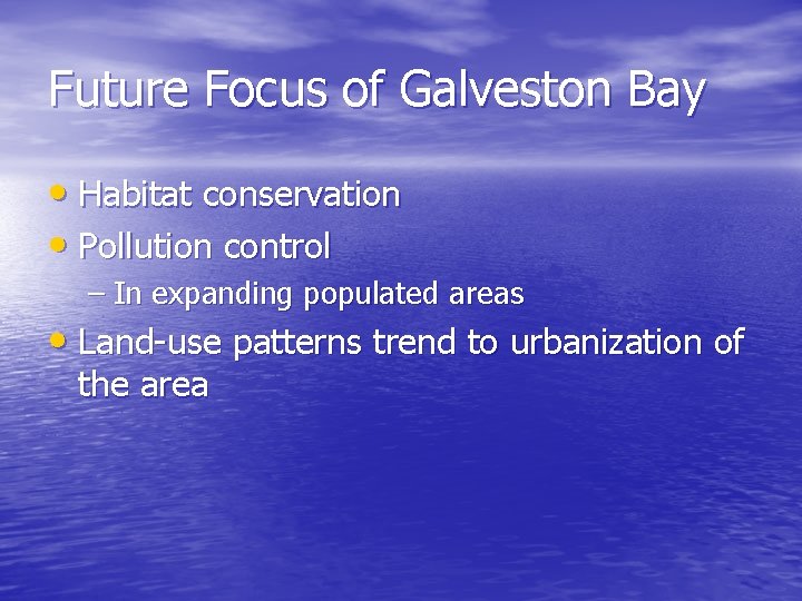 Future Focus of Galveston Bay • Habitat conservation • Pollution control – In expanding