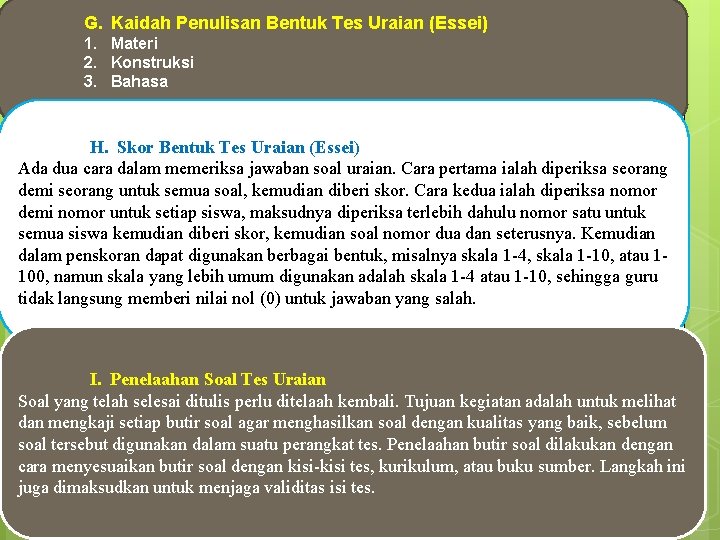 G. Kaidah Penulisan Bentuk Tes Uraian (Essei) 1. Materi 2. Konstruksi 3. Bahasa H.