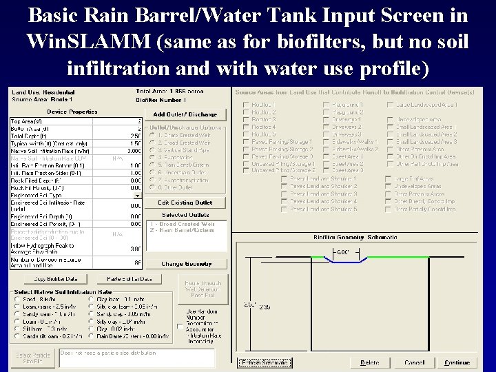Basic Rain Barrel/Water Tank Input Screen in Win. SLAMM (same as for biofilters, but