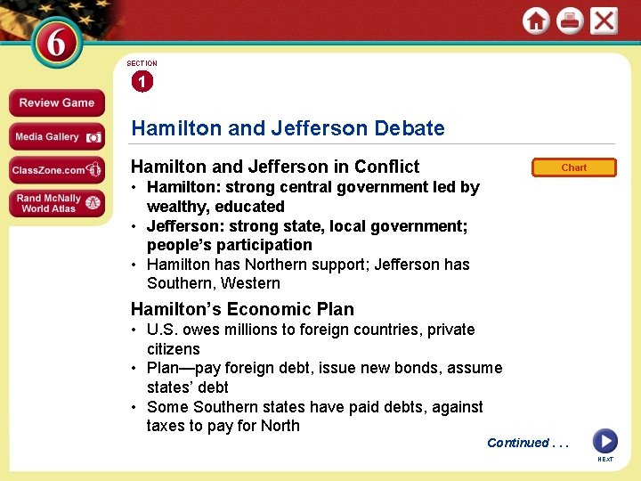 SECTION 1 Hamilton and Jefferson Debate Hamilton and Jefferson in Conflict Chart • Hamilton: