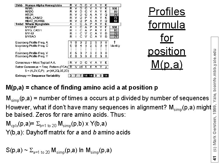 M(p, a) = chance of finding amino acid a at position p Msimp(p, a)