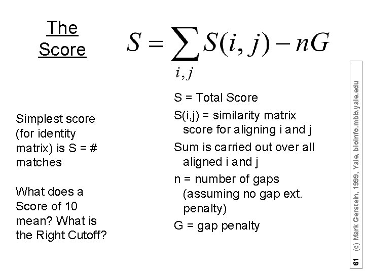 Simplest score (for identity matrix) is S = # matches What does a Score