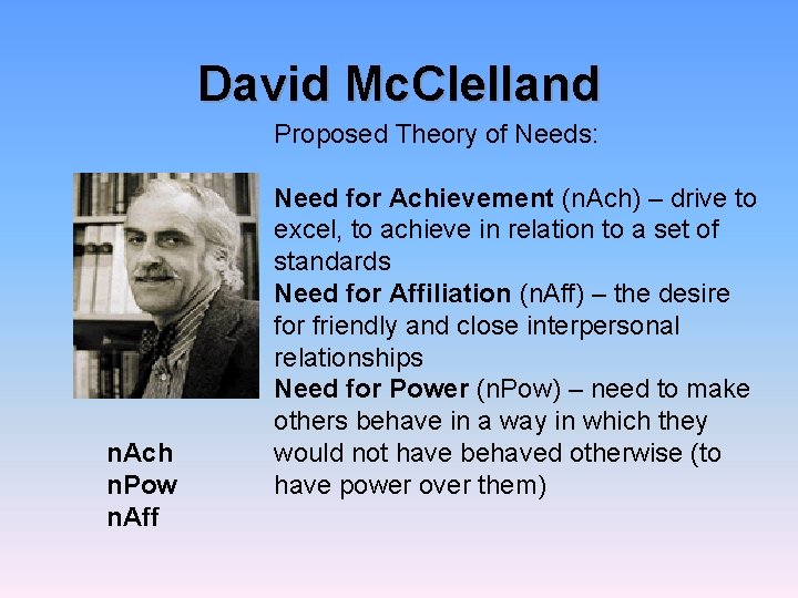 David Mc. Clelland Proposed Theory of Needs: n. Ach n. Pow n. Aff Need