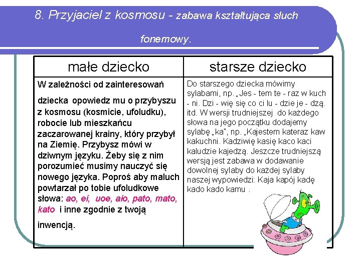 8. Przyjaciel z kosmosu - zabawa kształtująca słuch fonemowy. małe dziecko starsze dziecko Do