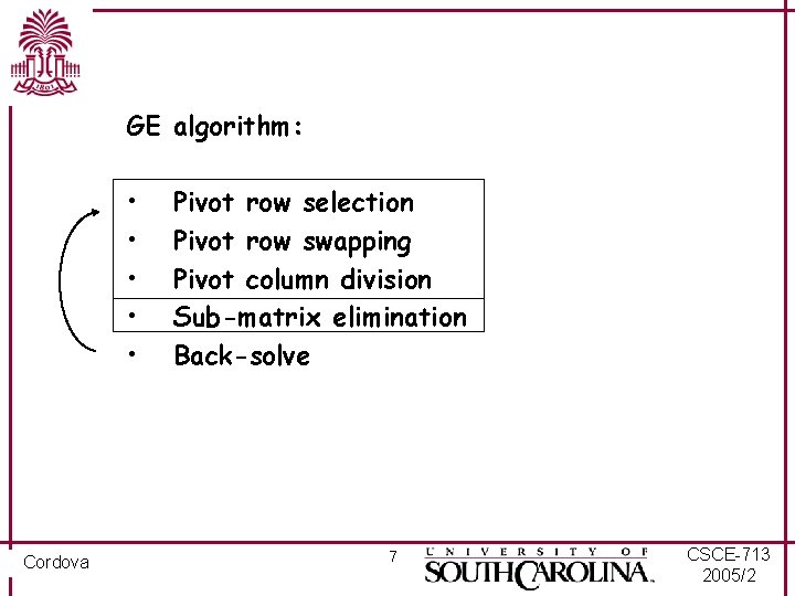 GE algorithm: • • • Cordova Pivot row selection Pivot row swapping Pivot column