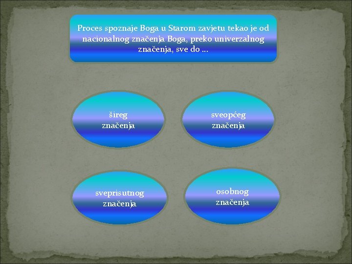 Proces spoznaje Boga u Starom zavjetu tekao je od nacionalnog značenja Boga, preko univerzalnog