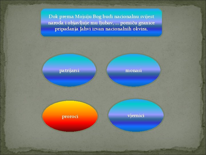 Dok prema Mojsiju Bog budi nacionalnu svijest naroda i objavljuje mu ljubav, … pomiču