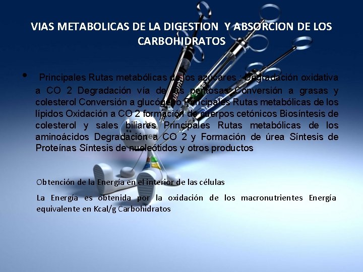 VIAS METABOLICAS DE LA DIGESTION Y ABSORCION DE LOS CARBOHIDRATOS • Principales Rutas metabólicas