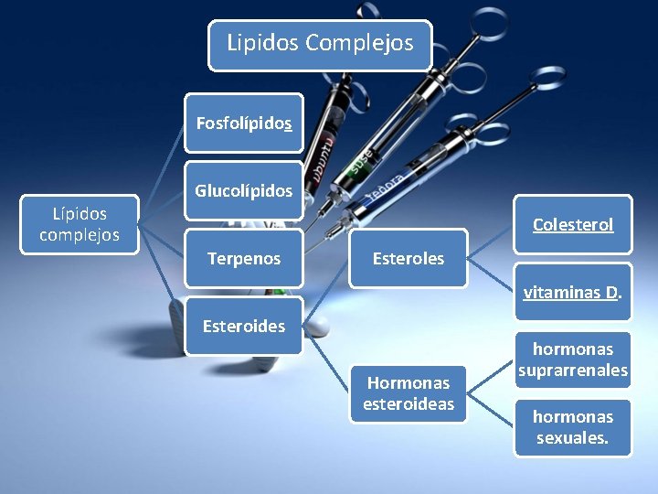 Lipidos Complejos Fosfolípidos Glucolípidos Lípidos complejos Colesterol Terpenos Esteroles vitaminas D. Esteroides Hormonas esteroideas