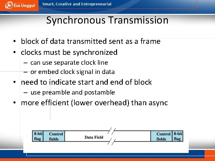 Synchronous Transmission • block of data transmitted sent as a frame • clocks must