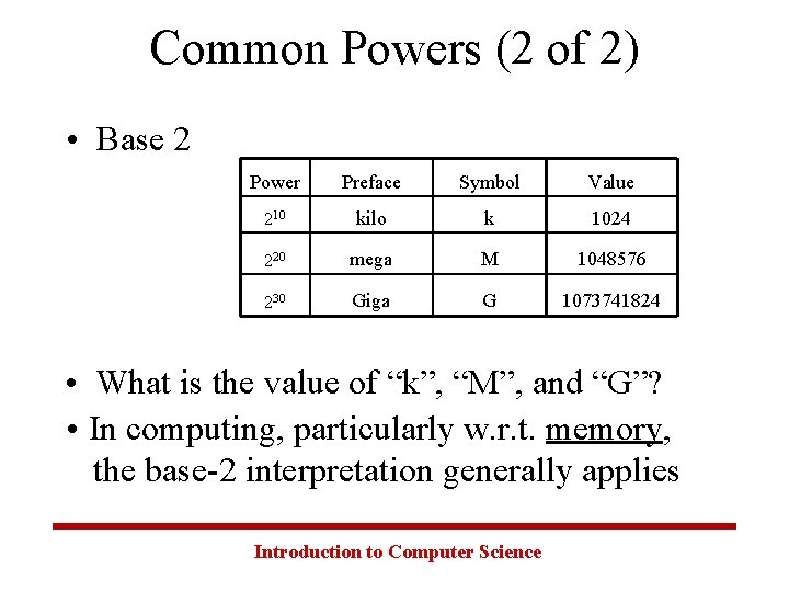 Common Powers (2 of 2) • Base 2 Power Preface Symbol Value 210 kilo