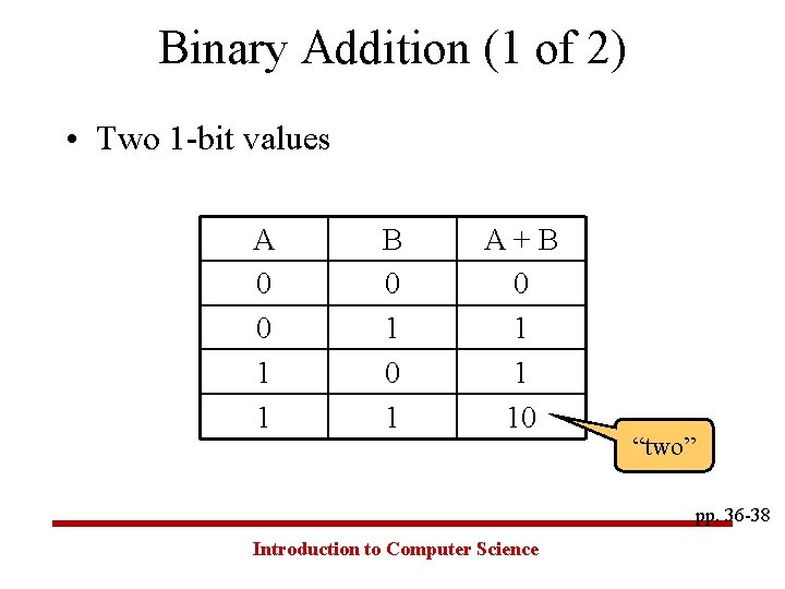 Binary Addition (1 of 2) • Two 1 -bit values A 0 0 1