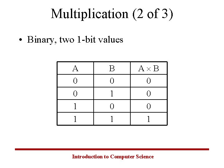 Multiplication (2 of 3) • Binary, two 1 -bit values A 0 0 1