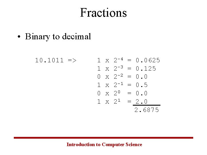Fractions • Binary to decimal 10. 1011 => 1 1 0 1 x x