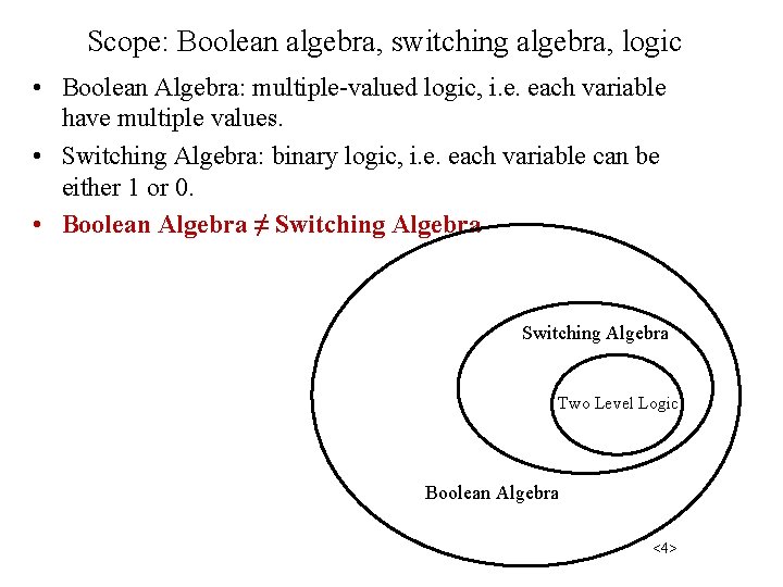 Scope: Boolean algebra, switching algebra, logic • Boolean Algebra: multiple-valued logic, i. e. each