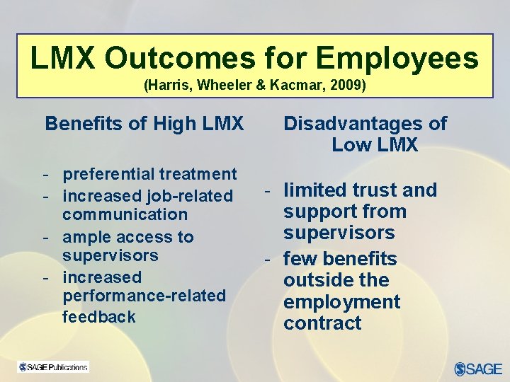 LMX Outcomes for Employees (Harris, Wheeler & Kacmar, 2009) Benefits of High LMX -
