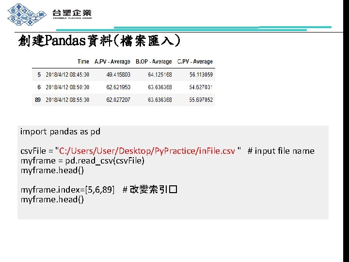 創建Pandas資料(檔案匯入) import pandas as pd csv. File = "C: /Users/User/Desktop/Py. Practice/in. File. csv "