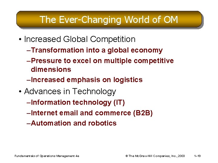 The Ever-Changing World of OM • Increased Global Competition –Transformation into a global economy