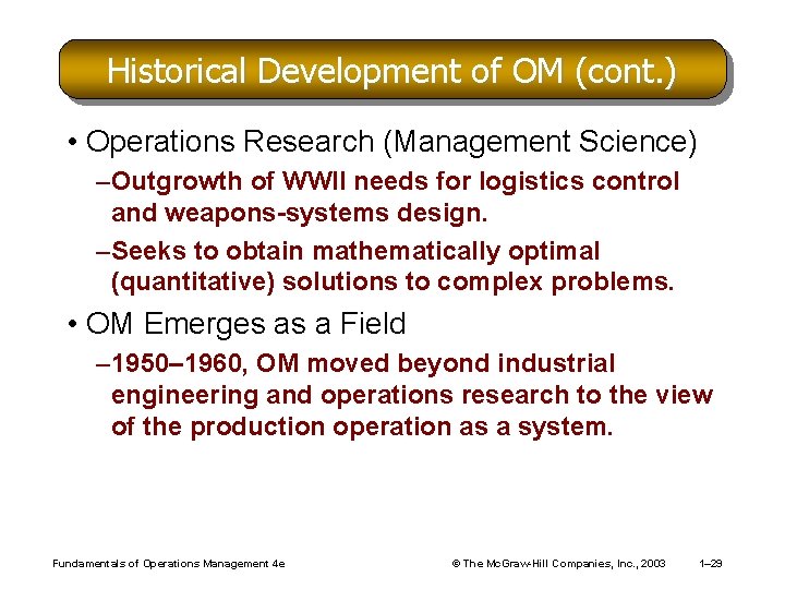 Historical Development of OM (cont. ) • Operations Research (Management Science) –Outgrowth of WWII