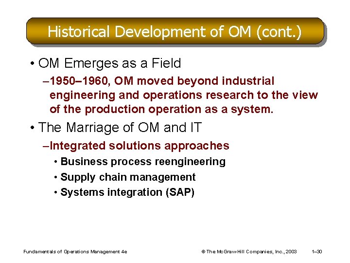 Historical Development of OM (cont. ) • OM Emerges as a Field – 1950–