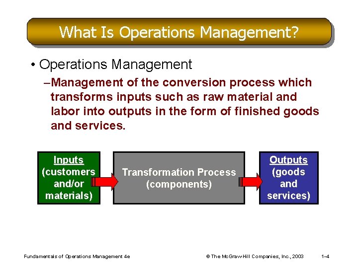 What Is Operations Management? • Operations Management –Management of the conversion process which transforms