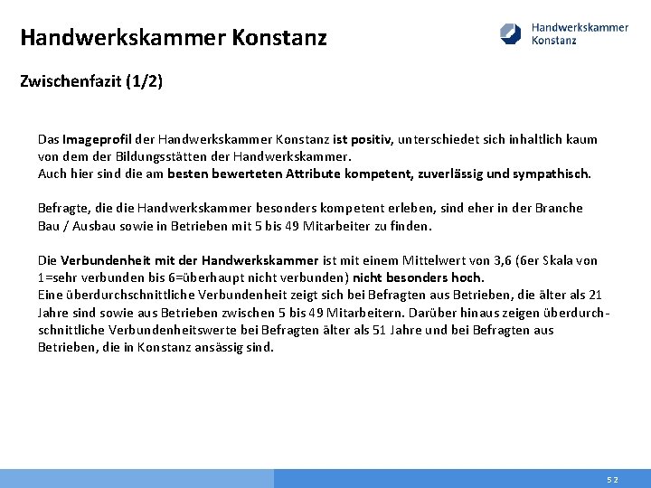 Handwerkskammer Konstanz Zwischenfazit (1/2) Das Imageprofil der Handwerkskammer Konstanz ist positiv, unterschiedet sich inhaltlich