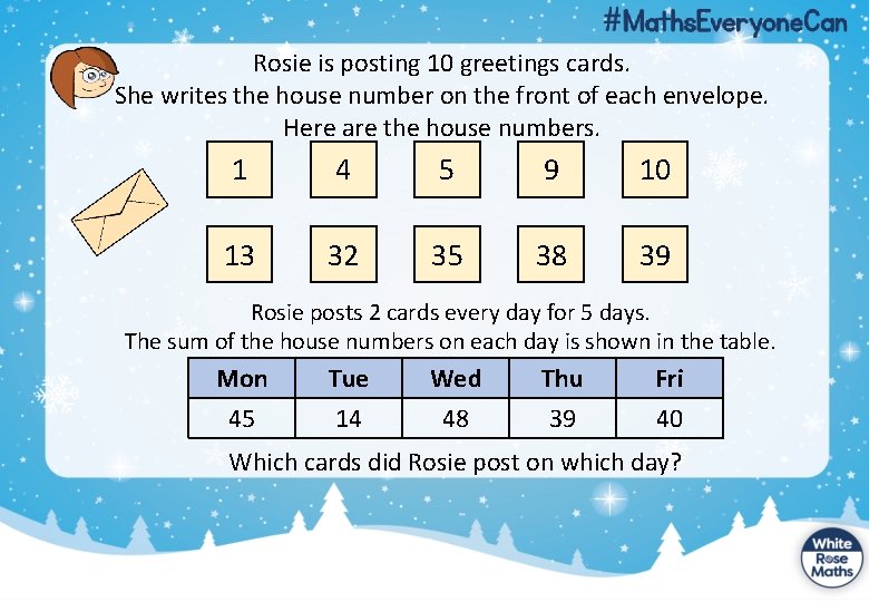 Rosie is posting 10 greetings cards. She writes the house number on the front