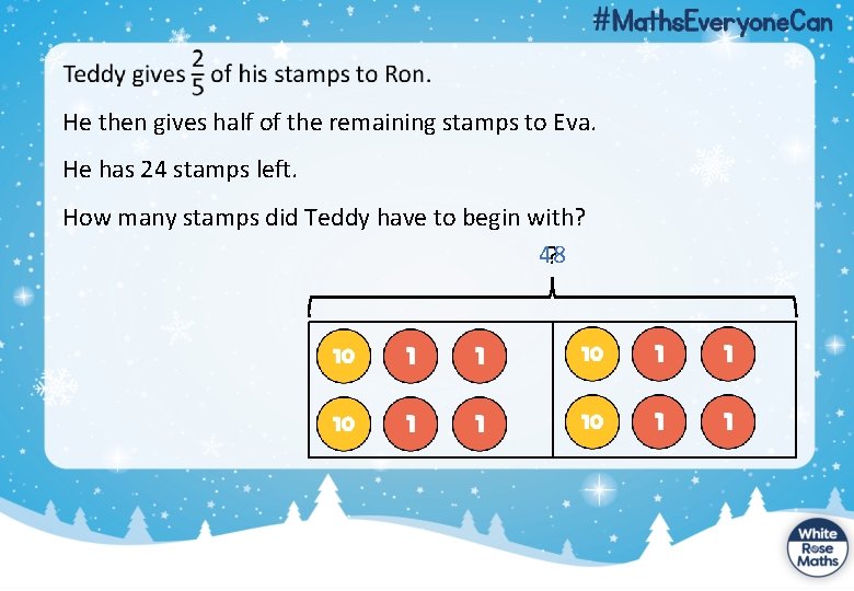 He then gives half of the remaining stamps to Eva. He has 24 stamps