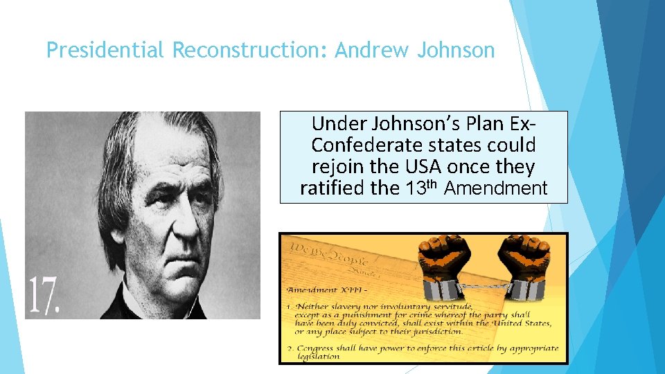 Presidential Reconstruction: Andrew Johnson Under Johnson’s Plan Ex. Confederate states could rejoin the USA