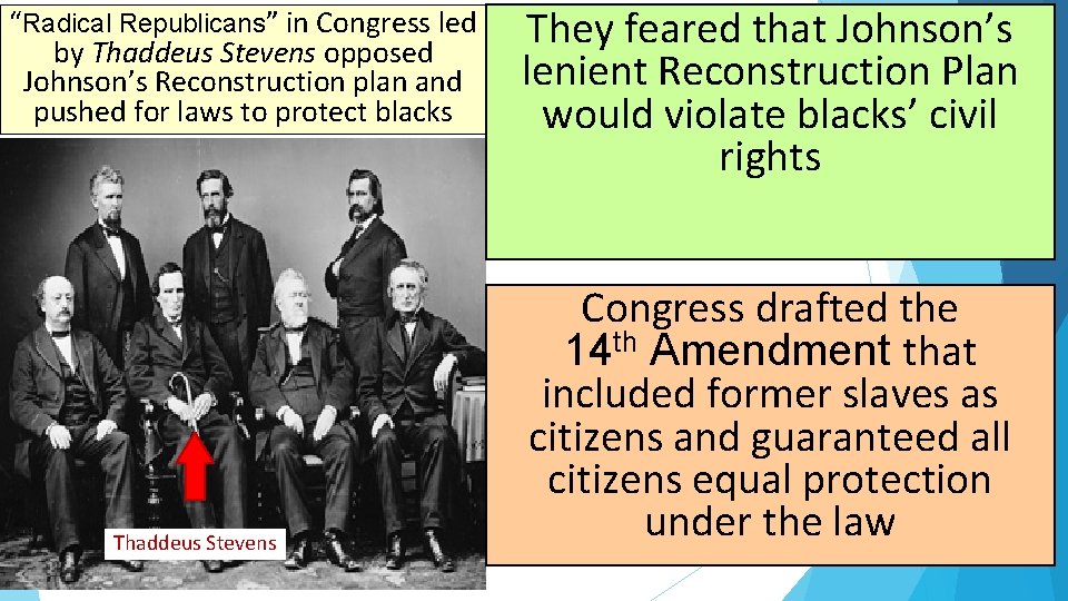“Radical Republicans” in Reconstruction: Congress led 1865 -1877 They feared that Johnson’s by Thaddeus