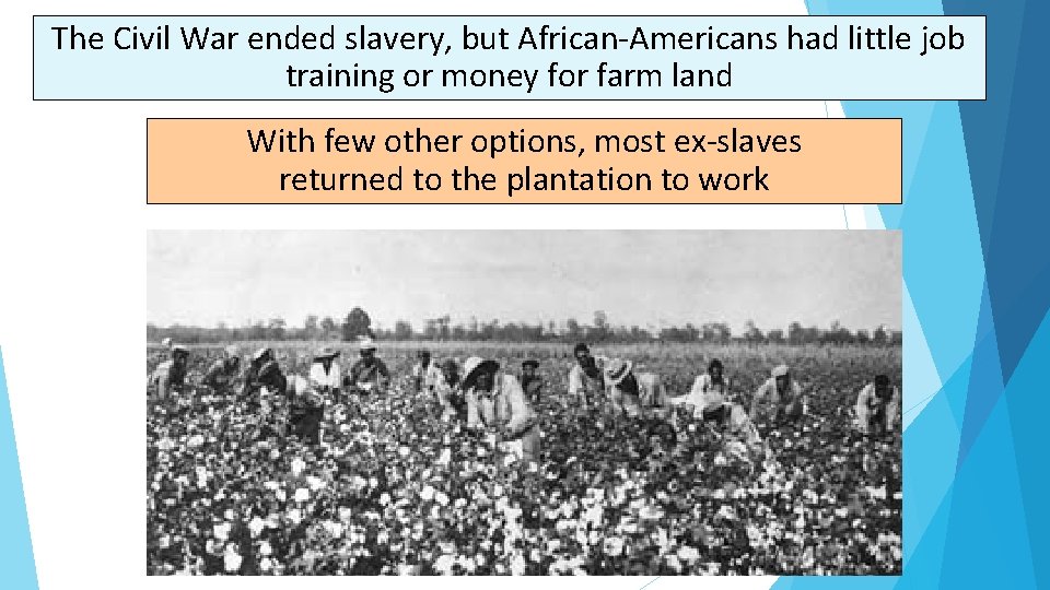 The Civil War ended slavery, but African-Americans had little job training or money for