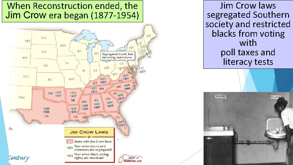When Reconstruction ended, the Jim Crow era began (1877 -1954) Jim Crow laws segregated