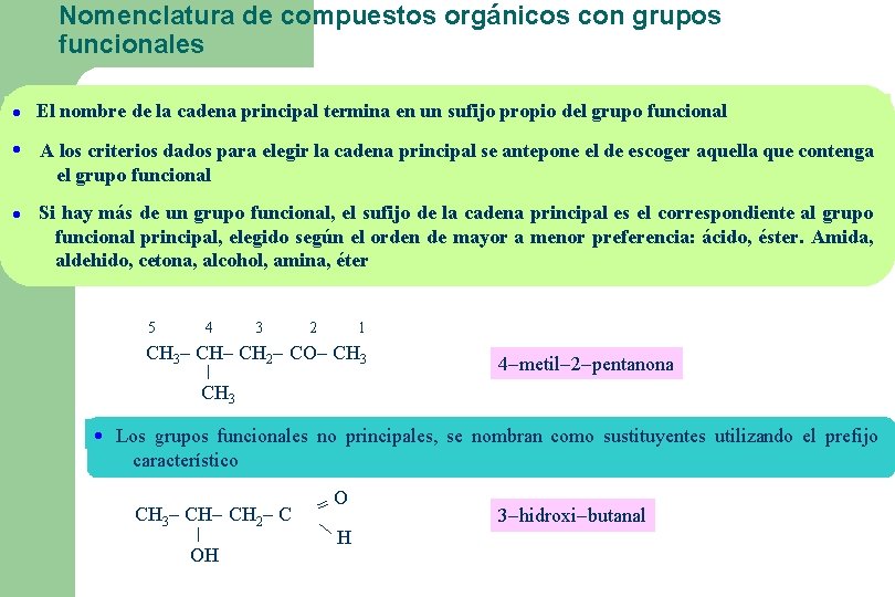 Nomenclatura de compuestos orgánicos con grupos funcionales El nombre de la cadena principal termina